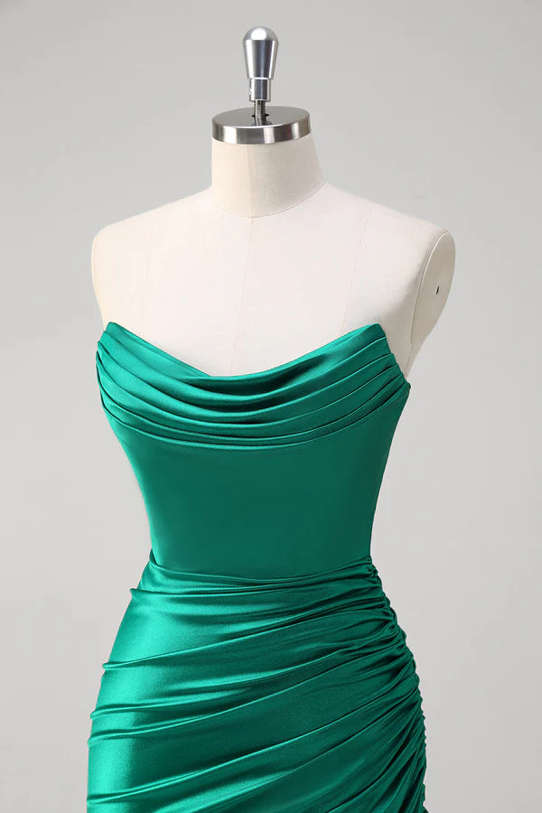 Green Mermaid Strapless Satin Ruched Long Prom Dress with Slit simple gentle atmospheric and unique desi
