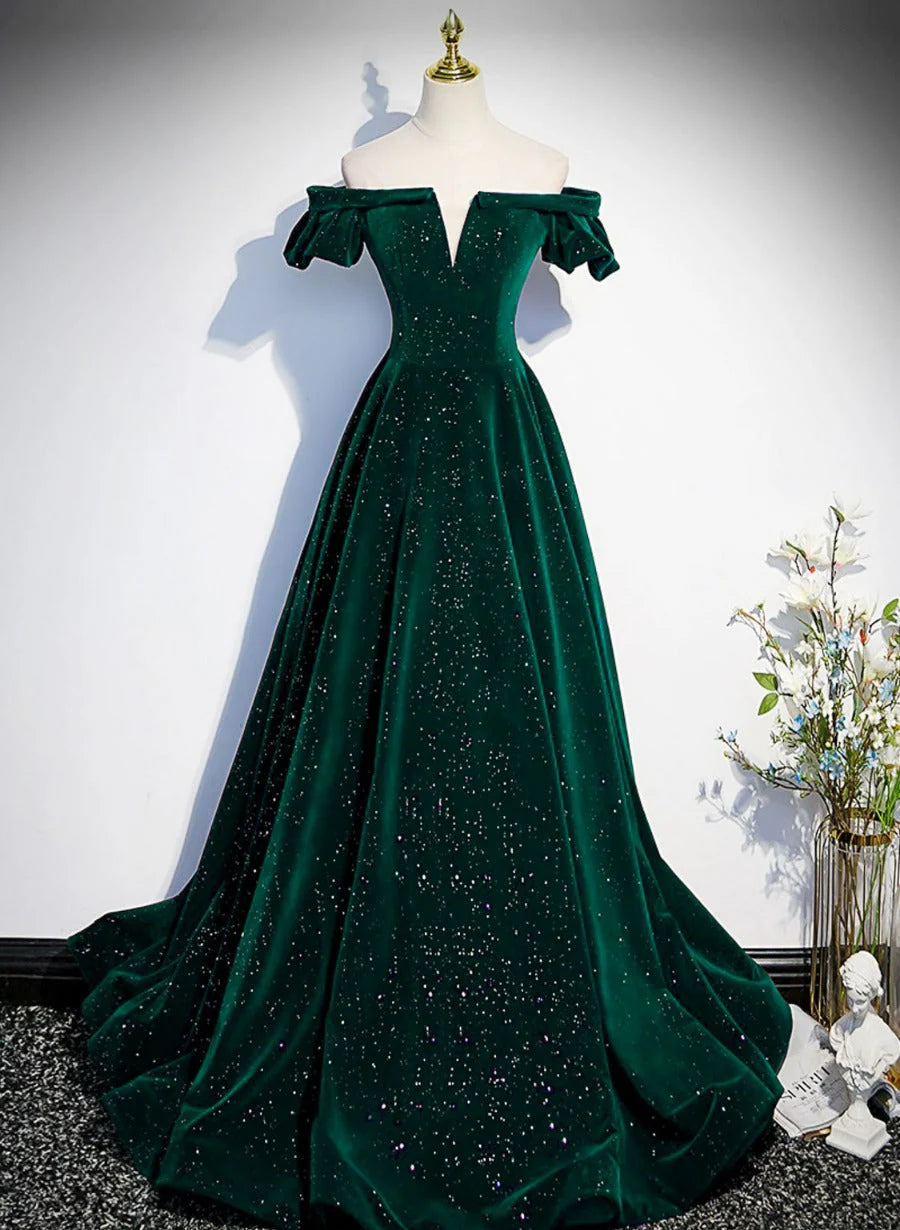 Green Off Shoulder A-line Formal Dress Long Party Dresses simple gentle atmospheric and unique desi Bring summer colors to enhance whiteness