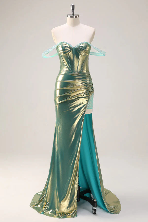 Green Off the Shoulder Mermaid Metallic Long Corset Prom Dress with Slit simple gentle atmospheric and unique desi