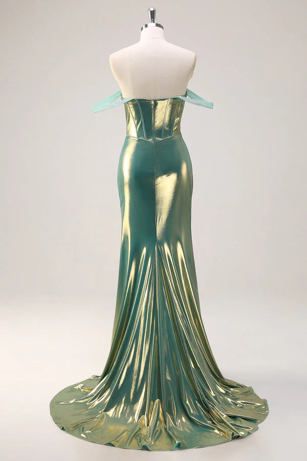Green Off the Shoulder Mermaid Metallic Long Corset Prom Dress with Slit simple gentle atmospheric and unique desi
