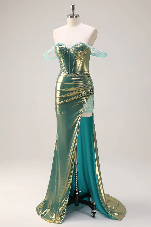Green Off the Shoulder Mermaid Metallic Long Corset Prom Dress with Slit simple gentle atmospheric and unique desi