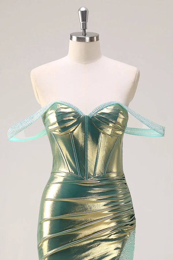 Green Off the Shoulder Mermaid Metallic Long Corset Prom Dress with Slit simple gentle atmospheric and unique desi