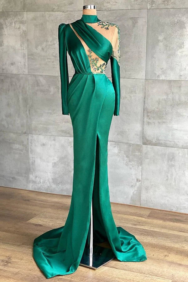 Green One Shoulder Long Sleeves Prom Dress Mermaid With Slit Simple gentle atmospheric and unique design
