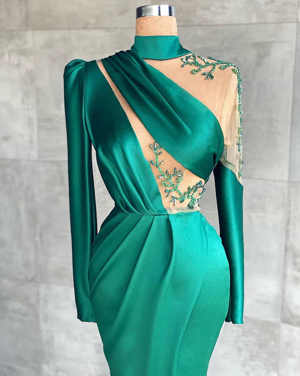 Green One Shoulder Long Sleeves Prom Dress Mermaid With Slit Simple gentle atmospheric and unique design
