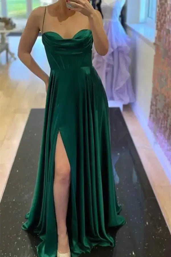 Green Prom Dresses Long,Split Satin Party Dresses for women,Graduation Dress simple gentle atmospheric and unique desi Bring summer colors to enhance whiteness