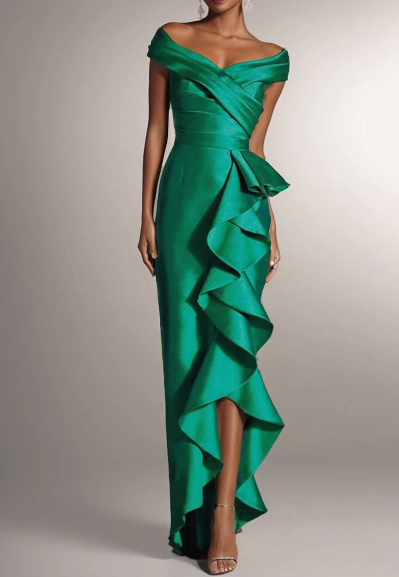 Green Ruffled Off The Shoulder Sheath Maxi Dress simple gentle atmospheric and unique desi Bring summer colors to enhance whiteness