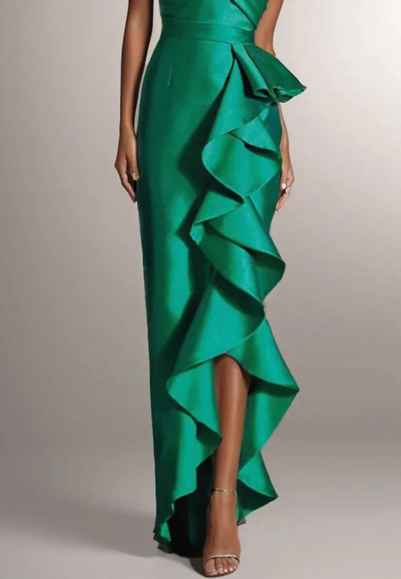 Green Ruffled Off The Shoulder Sheath Maxi Dress simple gentle atmospheric and unique desi Bring summer colors to enhance whiteness