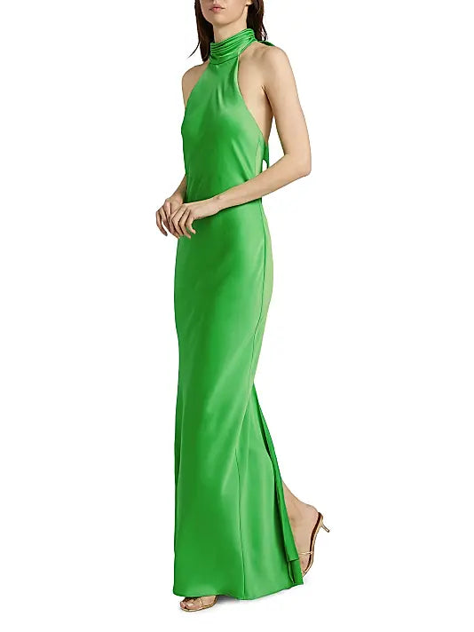 Green Satin Halter Neck Evening Gown Open Back Sleeveless High neck with selfie closure Evening Dress