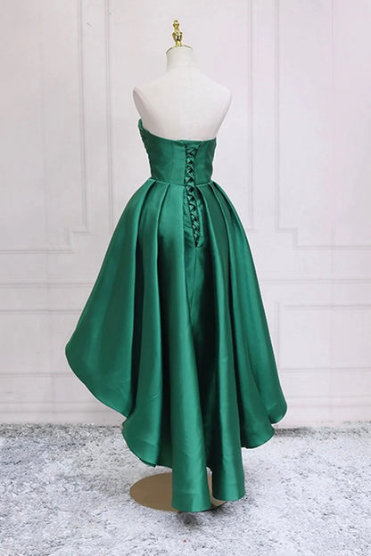 Green Satin High Low Prom Dress Cute Sweetheart Neck Evening Party Dress simple gentle atmospheric and unique desi Bring summer colors to enhance white