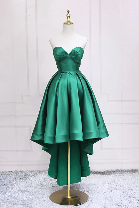 Green Satin High Low Prom Dress Cute Sweetheart Neck Evening Party Dress simple gentle atmospheric and unique desi Bring summer colors to enhance white