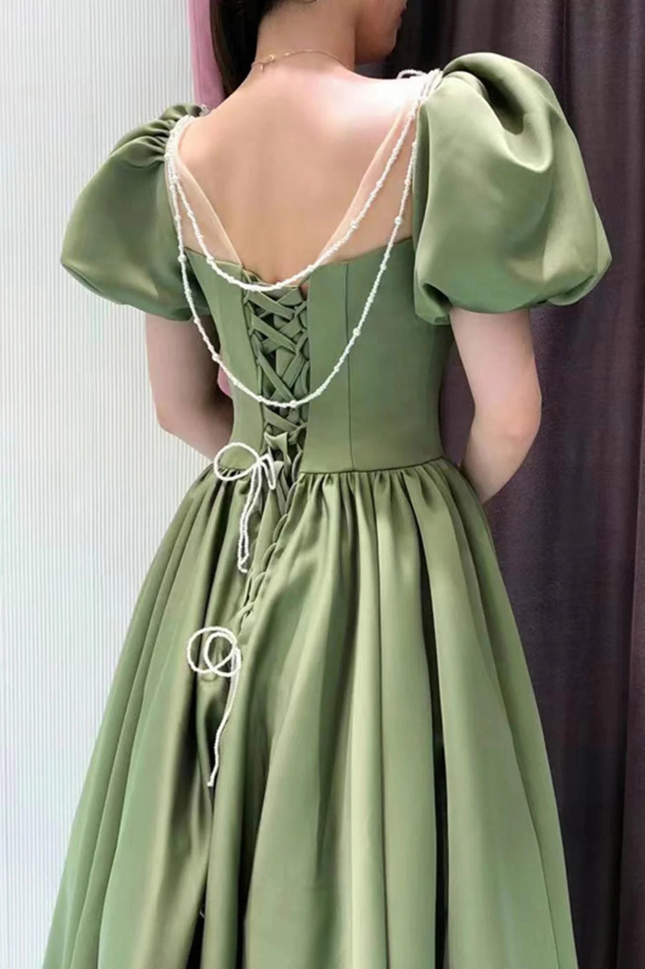Green Satin Long A-Line Prom Dress Green Short Sleeve Evening Party Dress simple gentle atmospheric and unique desi Bring summer colors to enhance whitenes