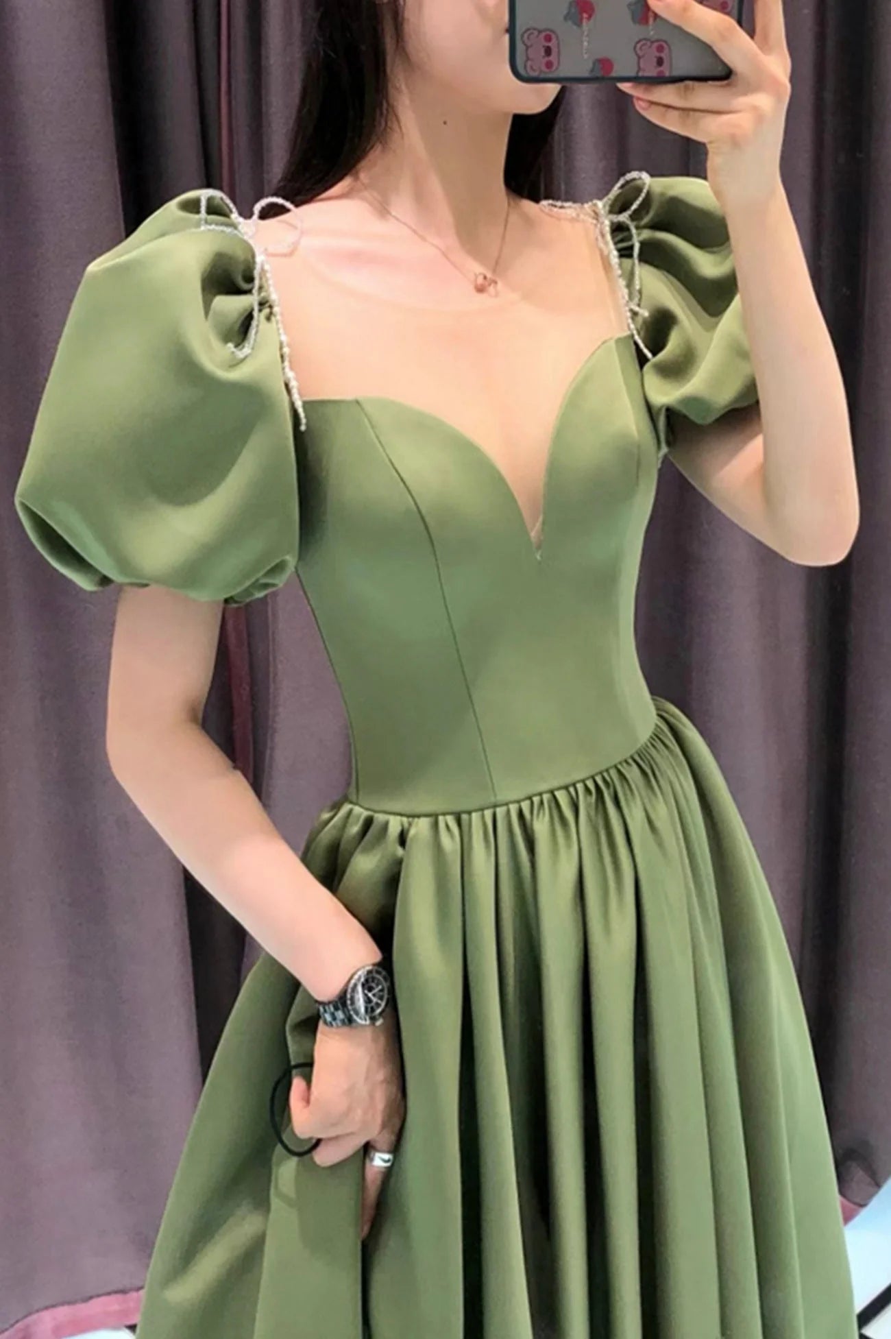Green Satin Long A-Line Prom Dress Green Short Sleeve Evening Party Dress simple gentle atmospheric and unique desi Bring summer colors to enhance whitenes