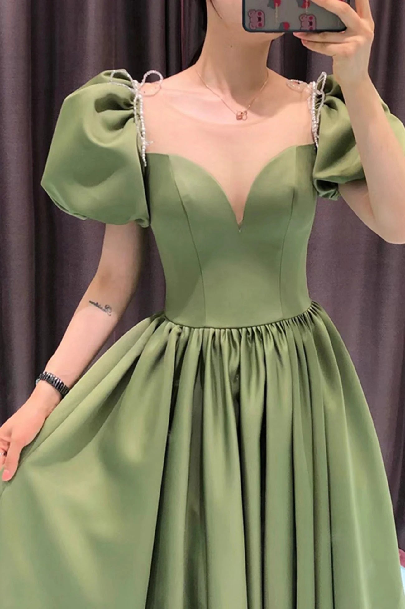 Green Satin Long A-Line Prom Dress Green Short Sleeve Evening Party Dress simple gentle atmospheric and unique desi Bring summer colors to enhance whitenes