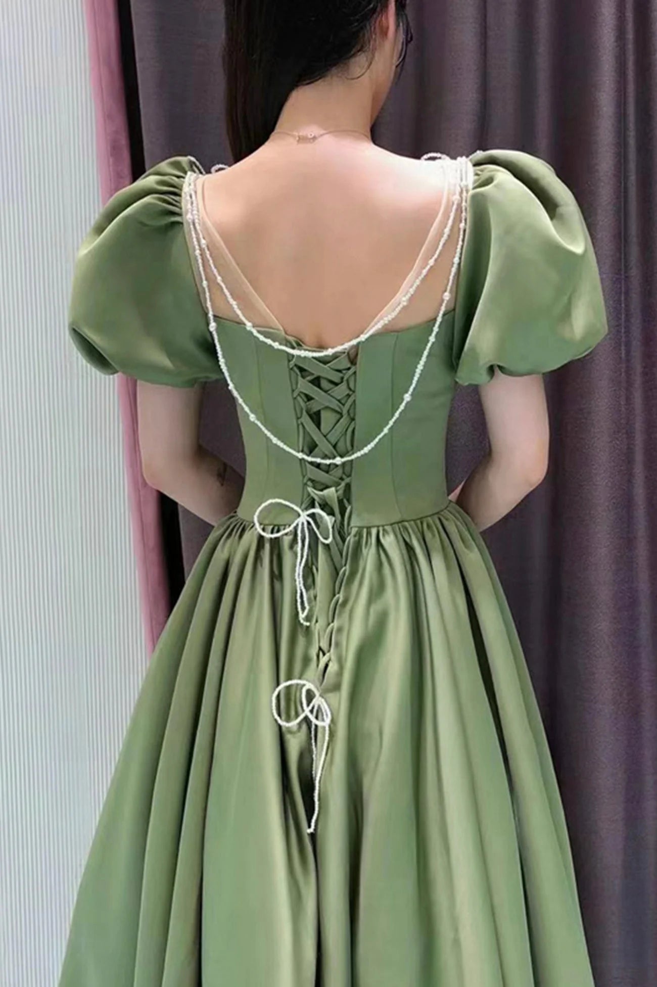 Green Satin Long A-Line Prom Dress Green Short Sleeve Evening Party Dress simple gentle atmospheric and unique desi Bring summer colors to enhance whitenes