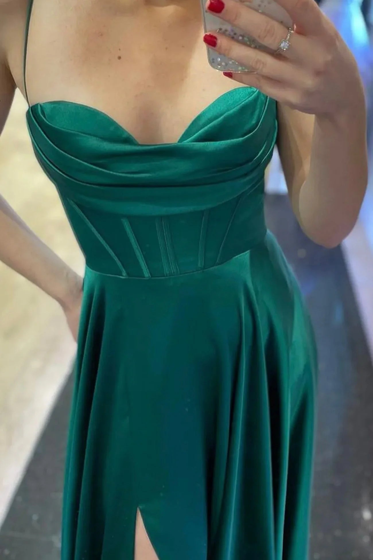 Green Satin Long A-Line Prom Dress Simple Evening Dress with Slit simple gentle atmospheric and unique desi Bring summer colors to enhance whitenes