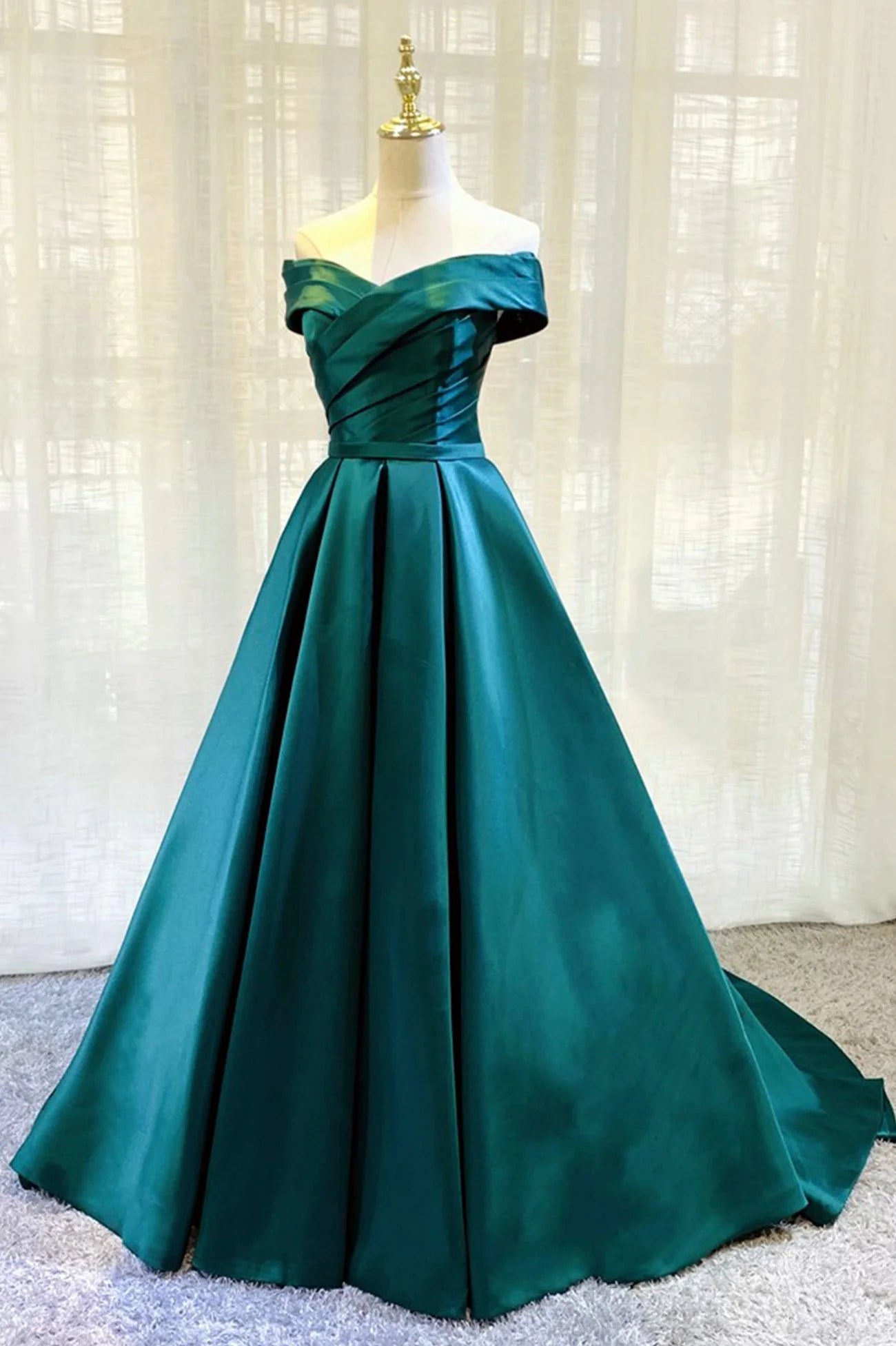 Green Satin Long A-Line Prom Dress Simple Off the Shoulder Evening Dress simple gentle atmospheric and unique desi Bring summer colors to enhance whitenes