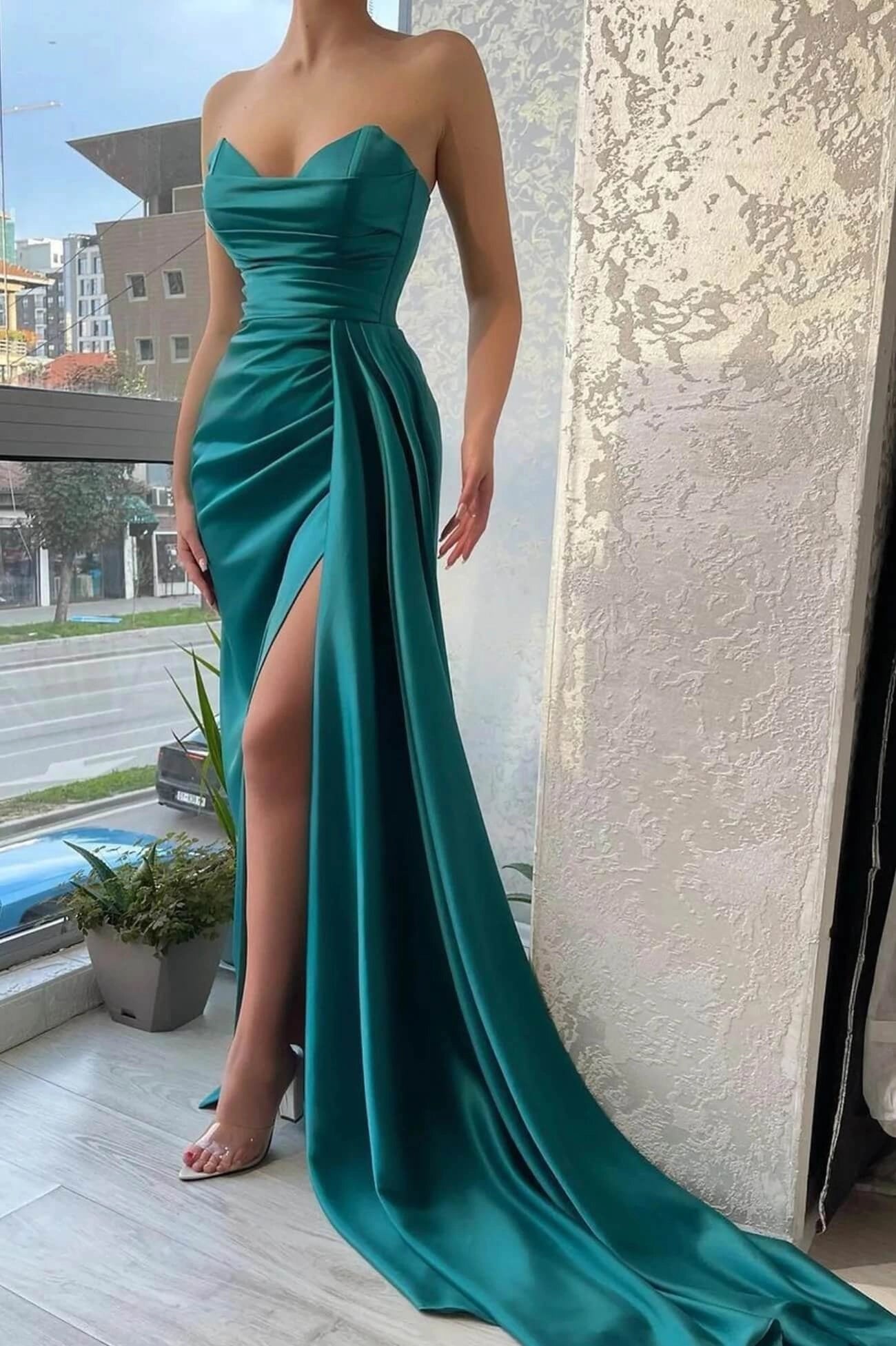One Shoulder Evening Dresses Satin Split Formal Party Gown with Split simple gentle atmospheric and unique desi Bring summer colors to enhance whiteness