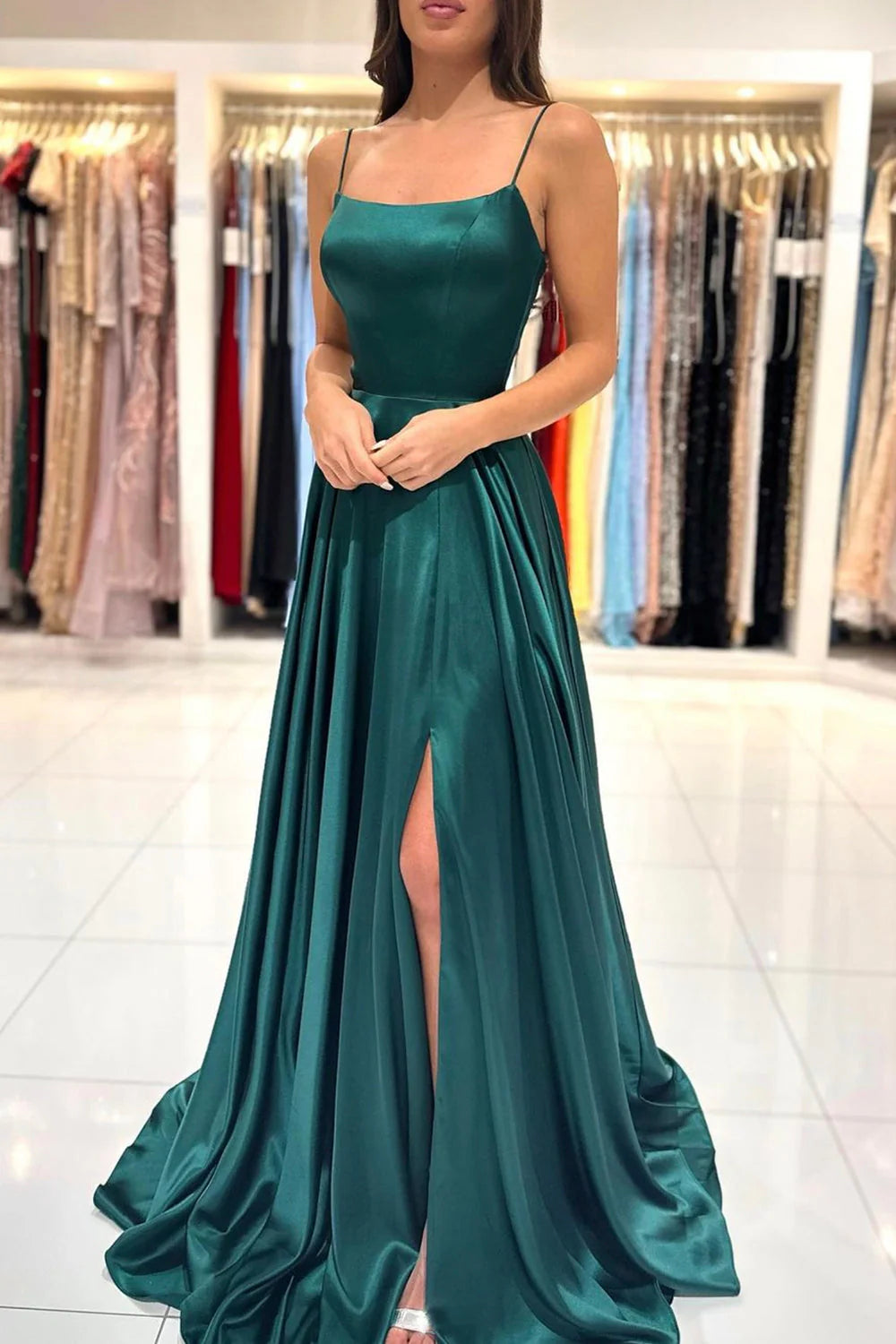 Green Satin Long Prom Dress Simple A-Line Evening Dress simple gentle atmospheric and unique desi Bring summer colors to enhance white