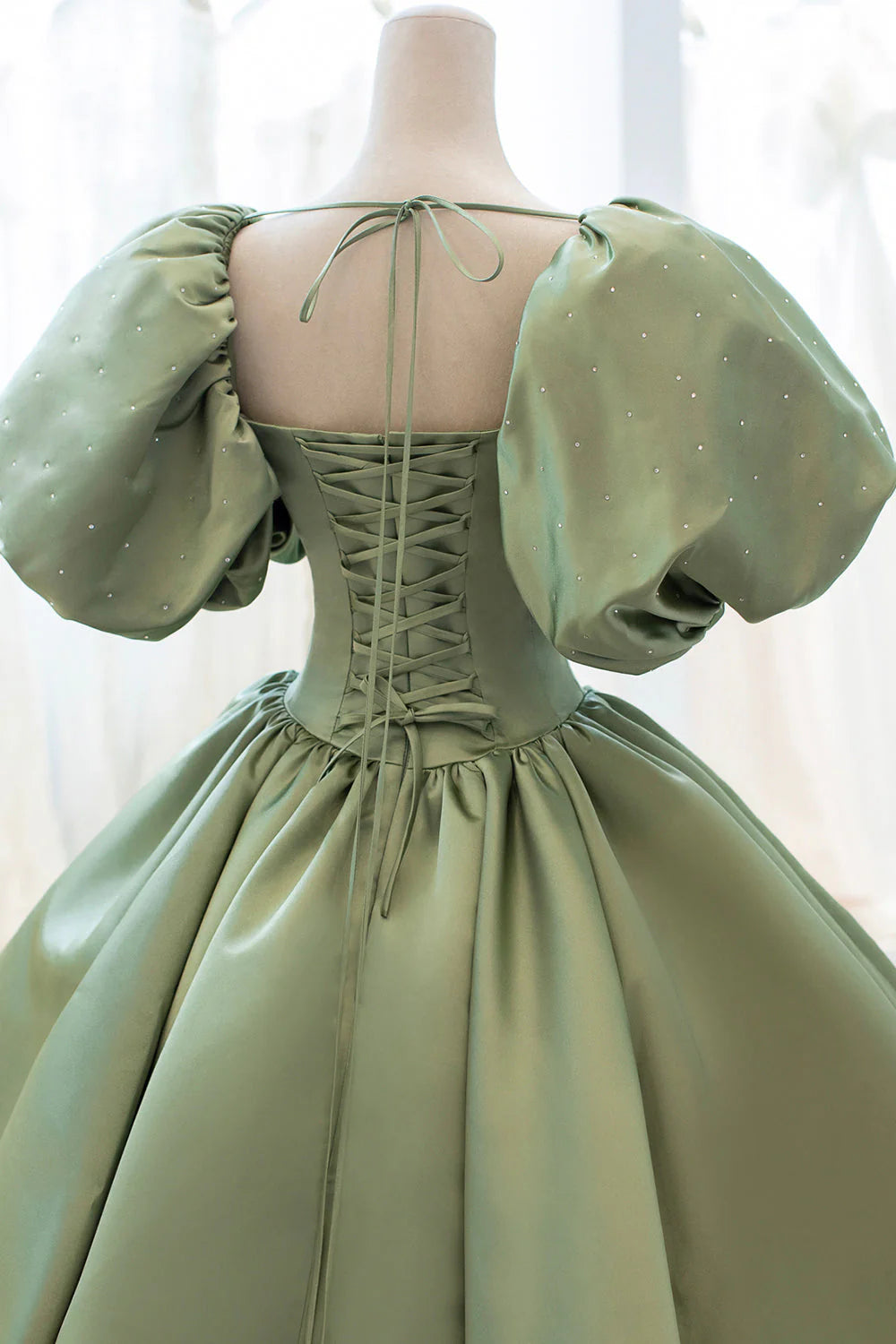 Green Satin Puff Sleeves Long Prom Dress Green A-Line Formal Dress simple gentle atmospheric and unique desi Bring summer colors to enhance white