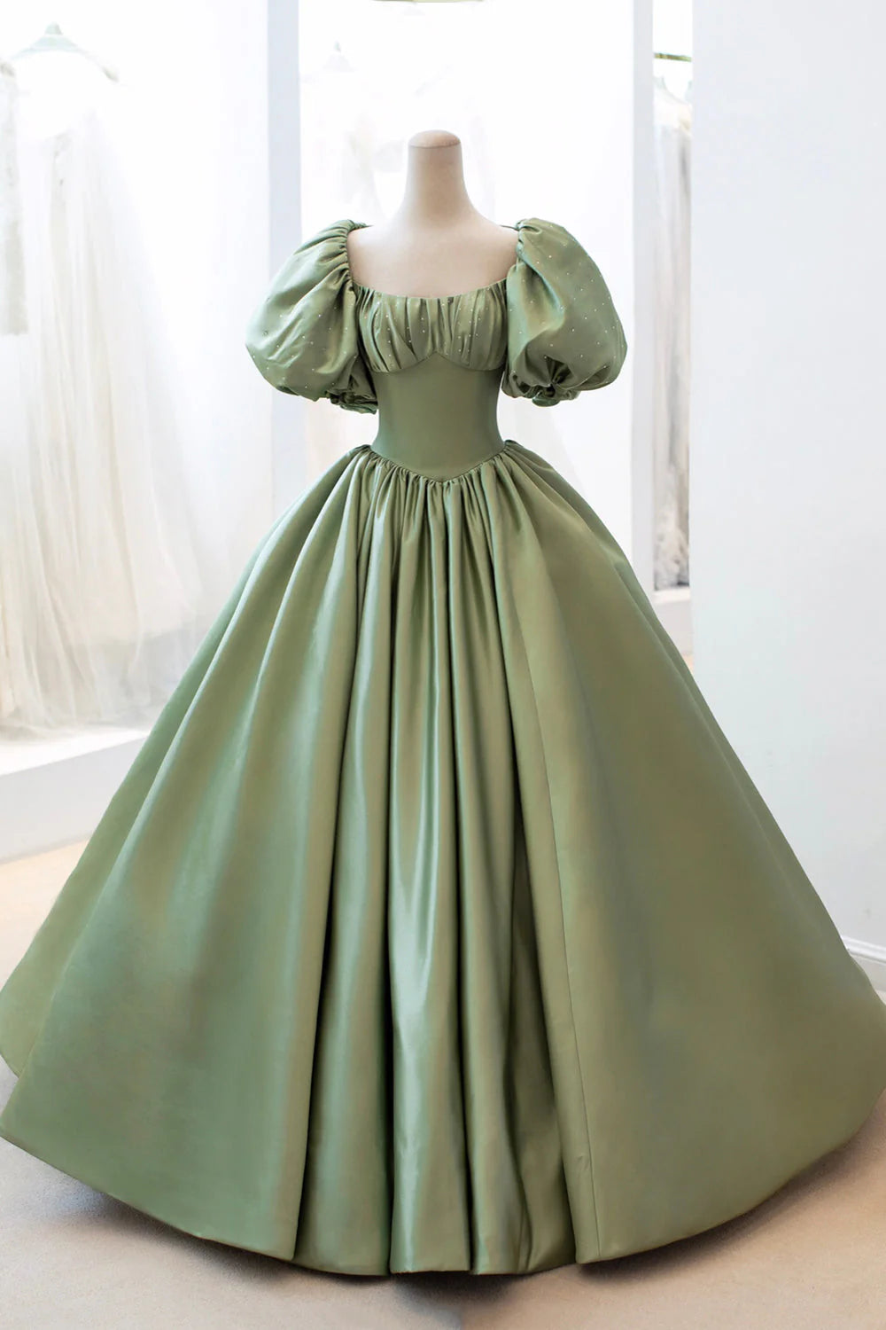 Green Satin Puff Sleeves Long Prom Dress Green A-Line Formal Dress simple gentle atmospheric and unique desi Bring summer colors to enhance white