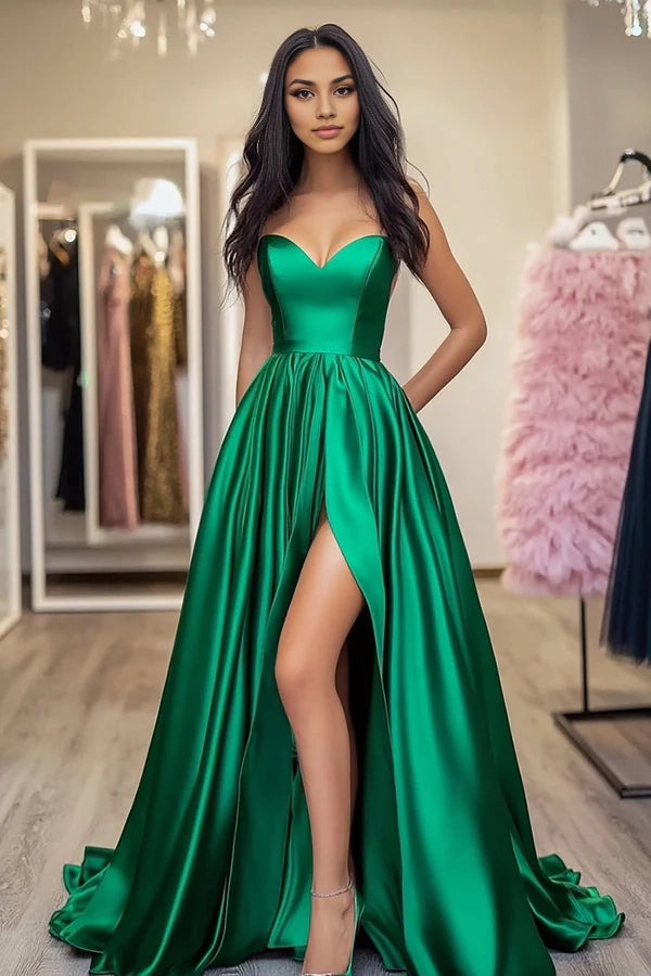 Green Satin Sweetheart A-Line Long Prom Dress with Slit simple gentle atmospheric and unique desi Bring summer colors to enhance whiteness
