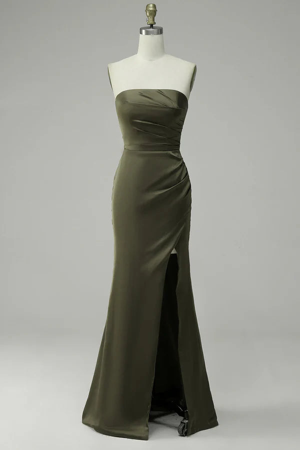 Green Strapless Satin Mermaid Prom Dress with Slit Simple gentle atmospheric and unique design
