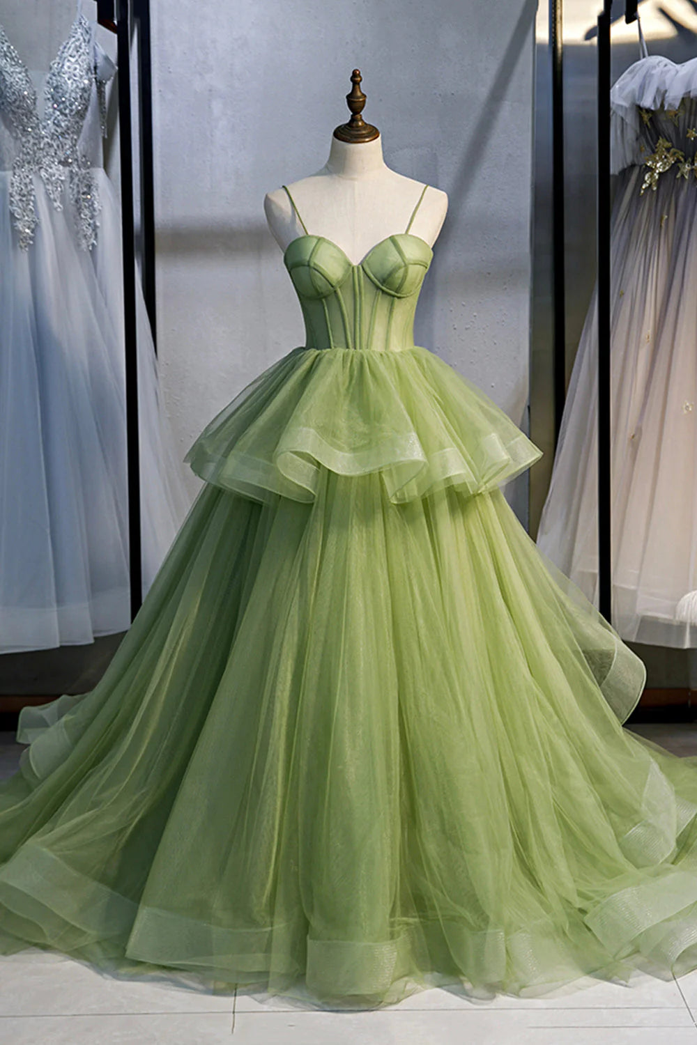 Green Sweetheart Tulle Long Prom Dress Beautiful A-Line Evening Graduation Dress simple gentle atmospheric and unique desi Bring summer colors to enhance white