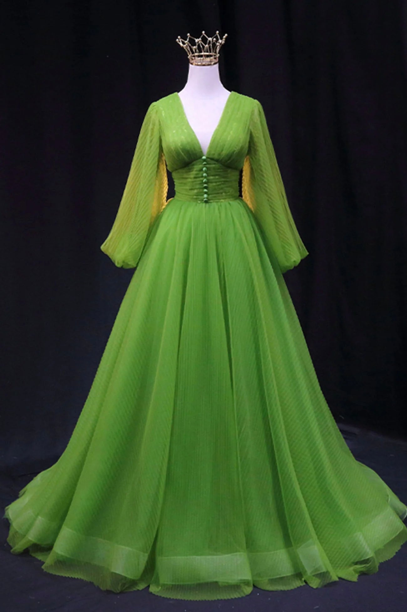 Green V-Neck Tulle Long Prom Dress Long Sleeve Green Formal Evening Dress simple gentle atmospheric and unique desi Bring summer colors to enhance white