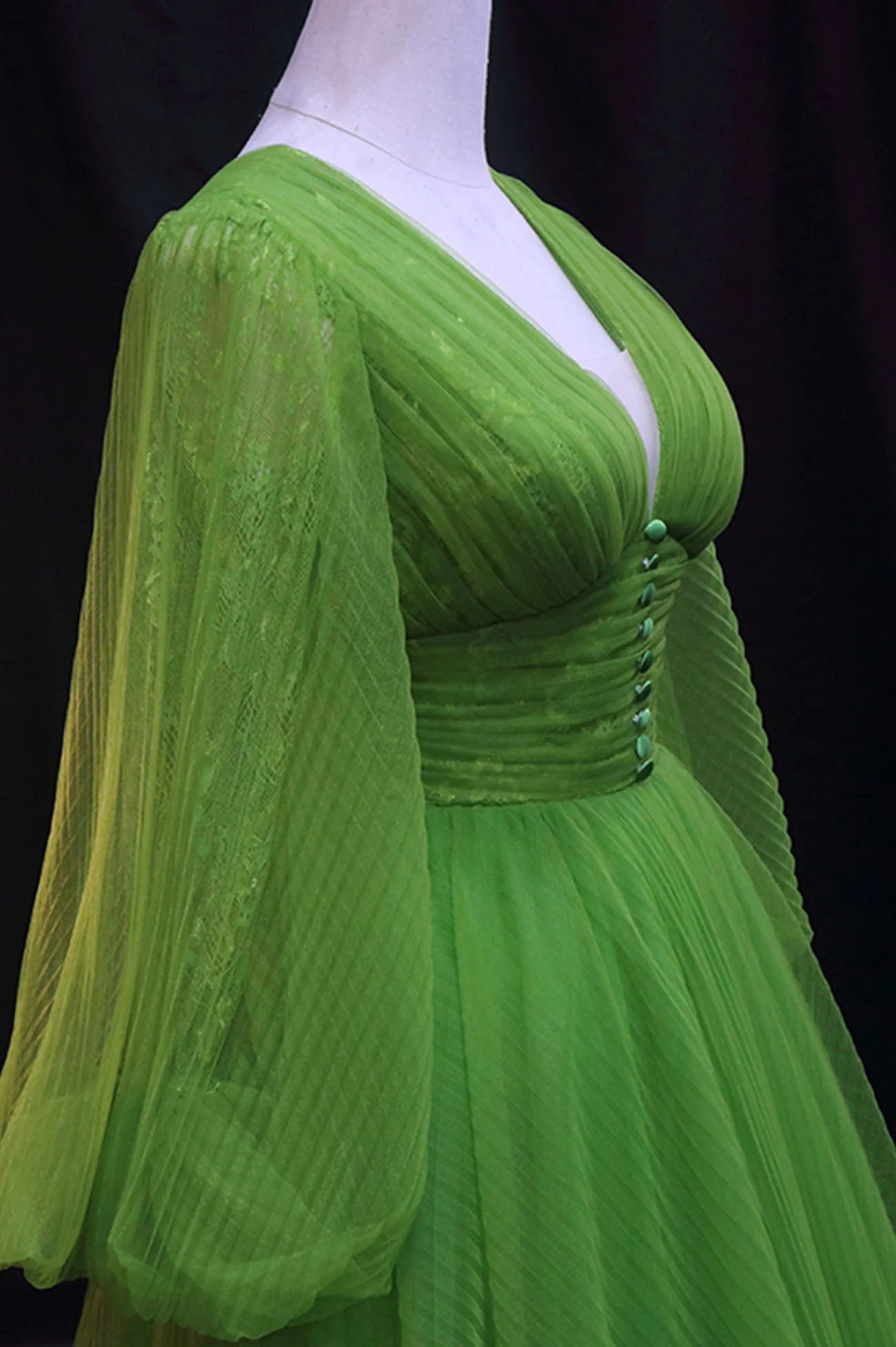 Green V-Neck Tulle Long Prom Dress Long Sleeve Green Formal Evening Dress simple gentle atmospheric and unique desi Bring summer colors to enhance white