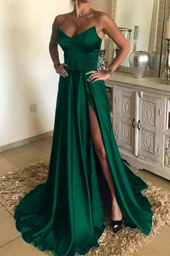 Green satin dress, strapless design, waist cinched high slit skirt suitable for dinners, dances and other occasions