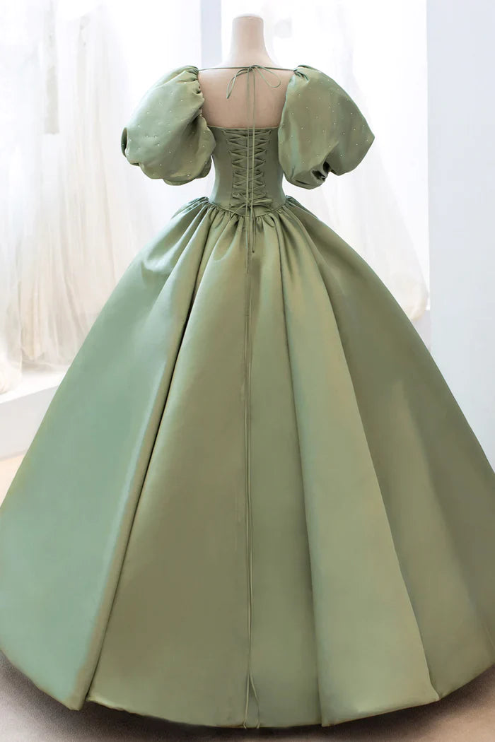 Green satin dress with square collar and sheep leg sleeves suitable for dinners, dances, and other occasions