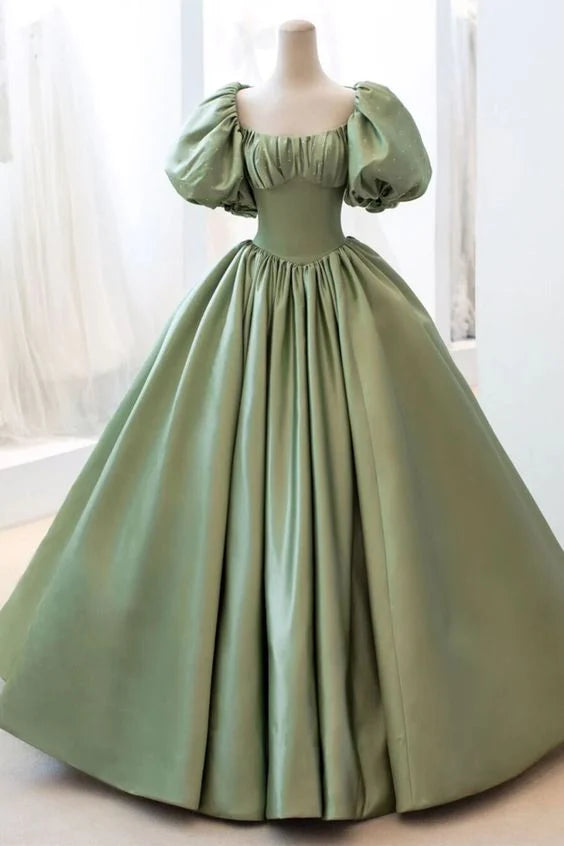 Green satin dress with square collar and sheep leg sleeves suitable for dinners, dances, and other occasions