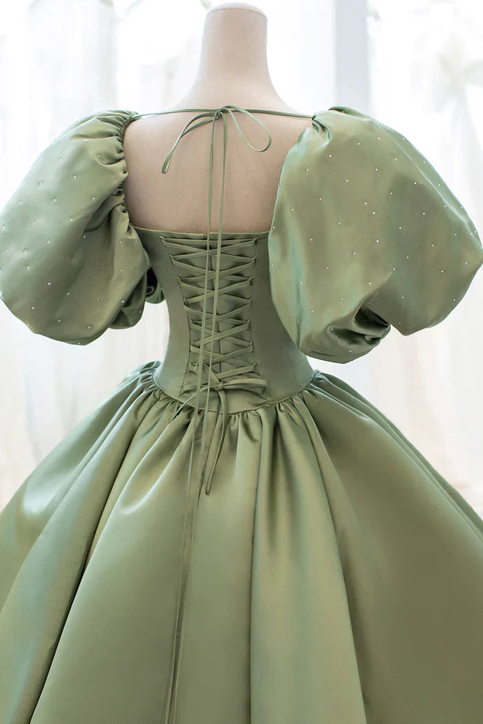 Green satin dress with square collar and sheep leg sleeves suitable for dinners, dances, and other occasions