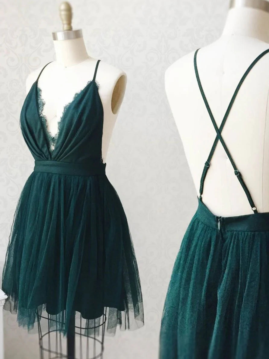 Green tulle lace short prom dress, green tulle lace homecoming dress simple gentle atmospheric and unique desi Bring summer colors to enhance whiteness