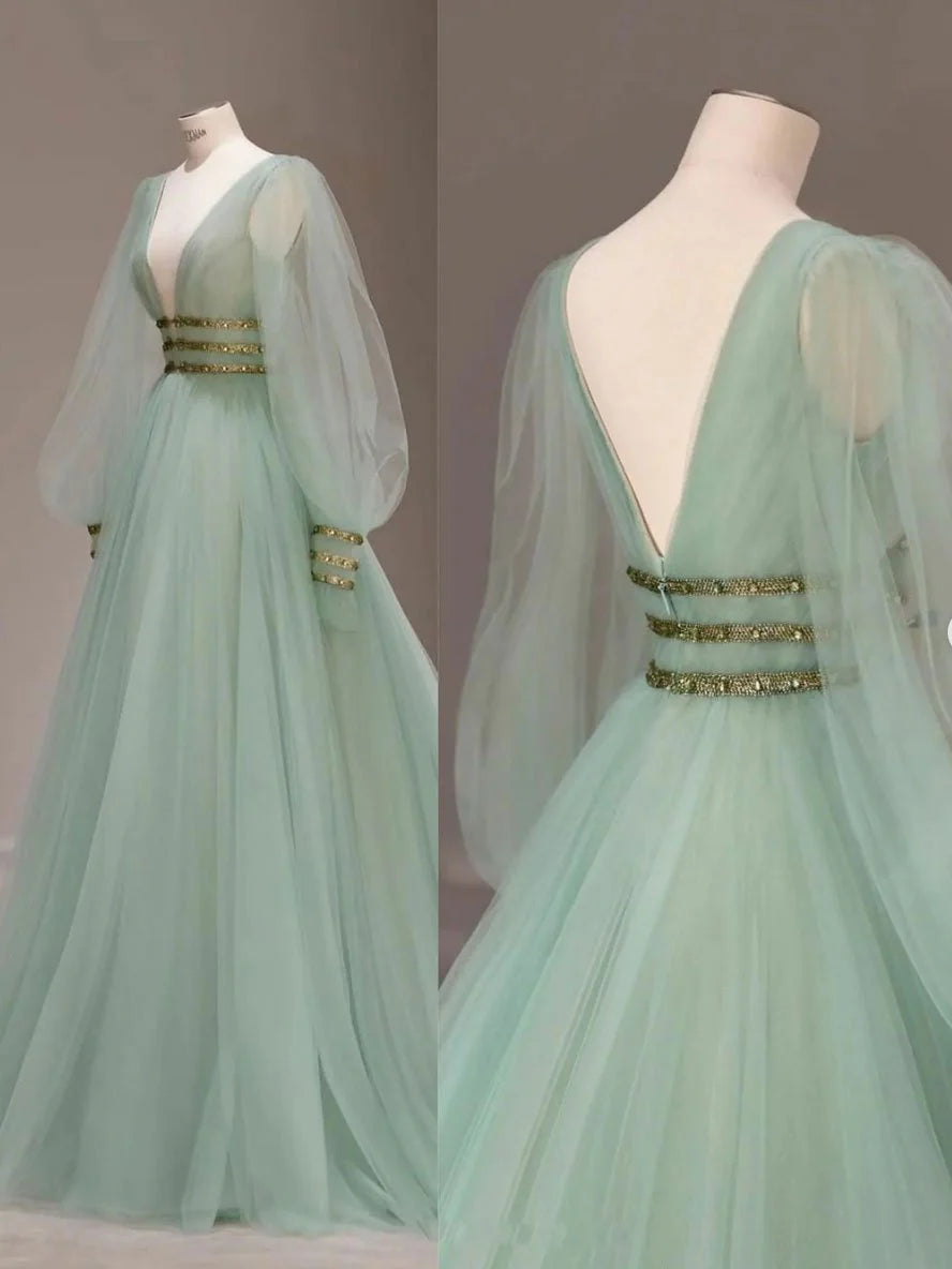 Green v neck tulle sequin long prom dress, green evening dress simple gentle atmospheric and unique desi Bring summer colors to enhance whiteness