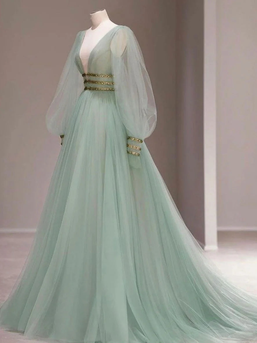 Green v neck tulle sequin long prom dress, green evening dress simple gentle atmospheric and unique desi Bring summer colors to enhance whiteness