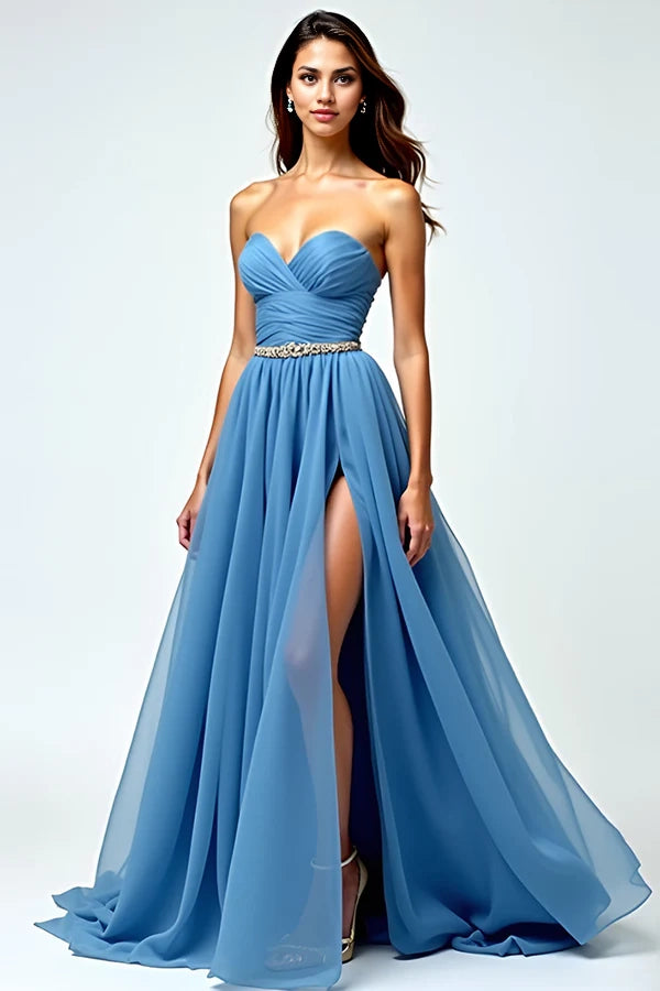 Grey Blue Chiffon Long Sweetheart A Line Prom Dress with Slit simple gentle atmospheric and unique desi Bring summer colors to enhance whiteness