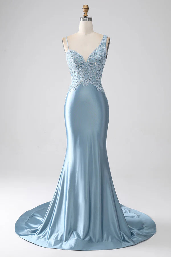 Grey Blue Mermaid Spaghetti Straps Long Beaded Prom Dress With Appliques simple gentle atmospheric and unique desi