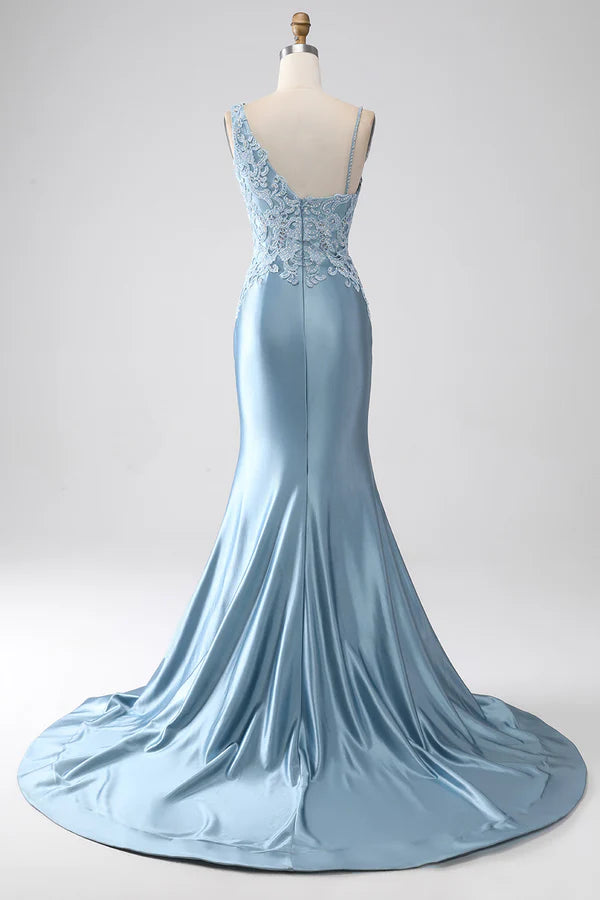 Grey Blue Mermaid Spaghetti Straps Long Beaded Prom Dress With Appliques simple gentle atmospheric and unique desi