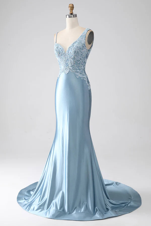 Grey Blue Mermaid Spaghetti Straps Long Beaded Prom Dress With Appliques simple gentle atmospheric and unique desi