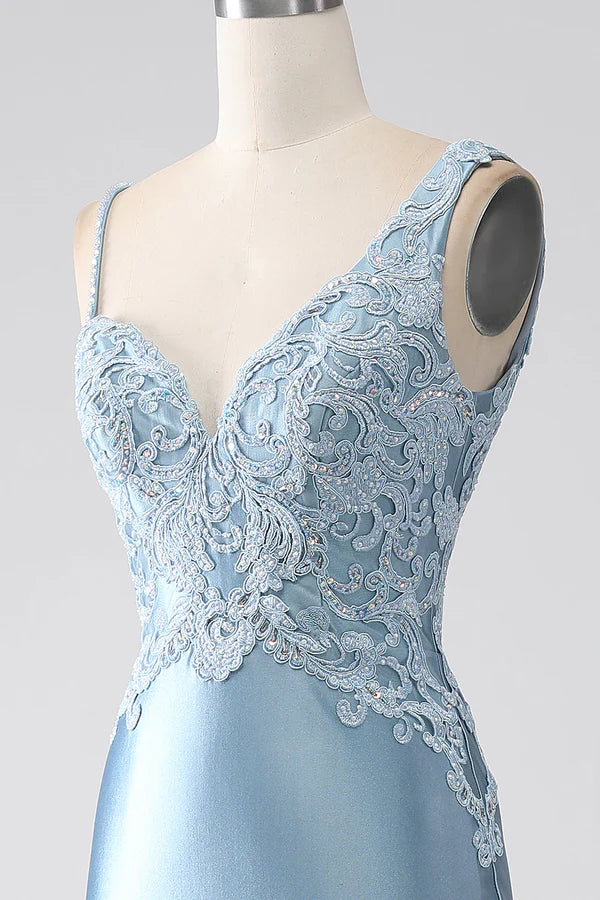 Grey Blue Mermaid Spaghetti Straps Long Beaded Prom Dress With Appliques simple gentle atmospheric and unique desi