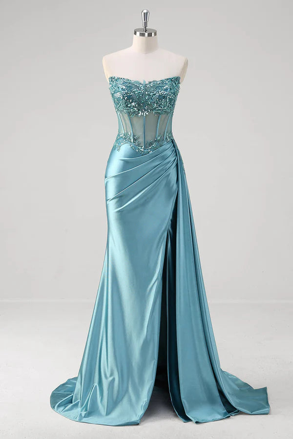Grey Blue Mermaid Strapless Corset Sequined Satin Prom Dress simple gentle atmospheric and unique desi