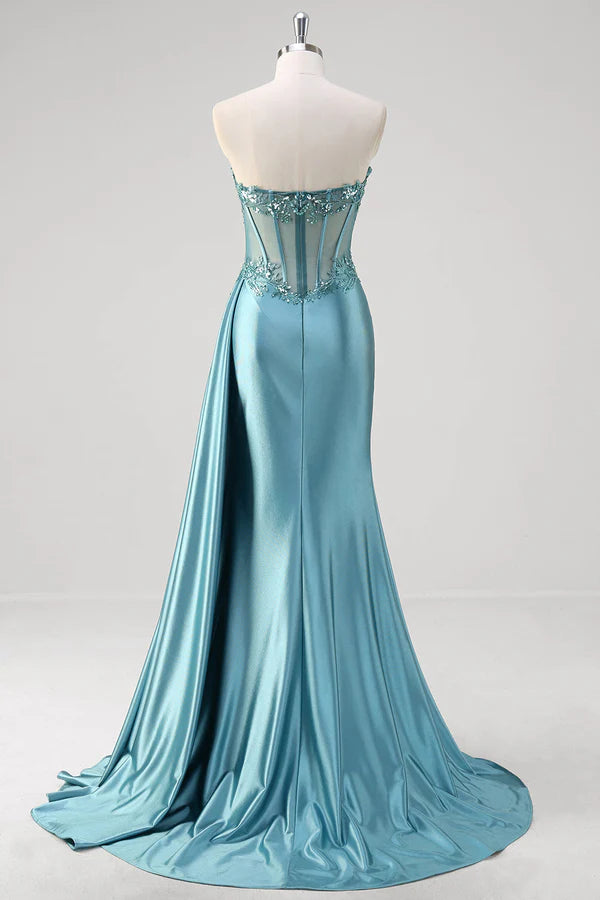 Grey Blue Mermaid Strapless Corset Sequined Satin Prom Dress simple gentle atmospheric and unique desi