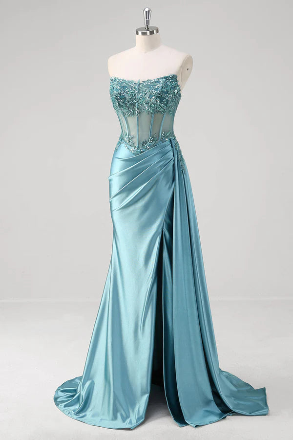 Grey Blue Mermaid Strapless Corset Sequined Satin Prom Dress simple gentle atmospheric and unique desi