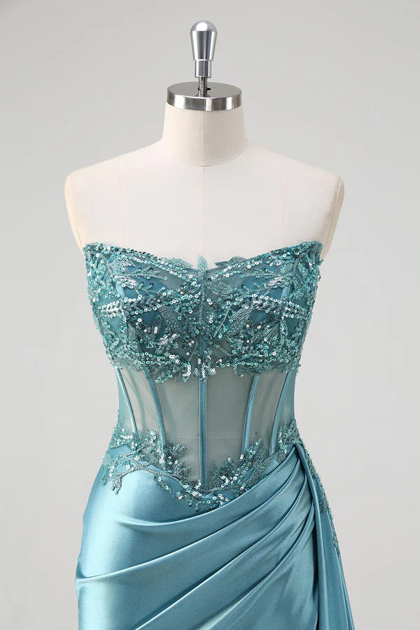 Grey Blue Mermaid Strapless Corset Sequined Satin Prom Dress simple gentle atmospheric and unique desi