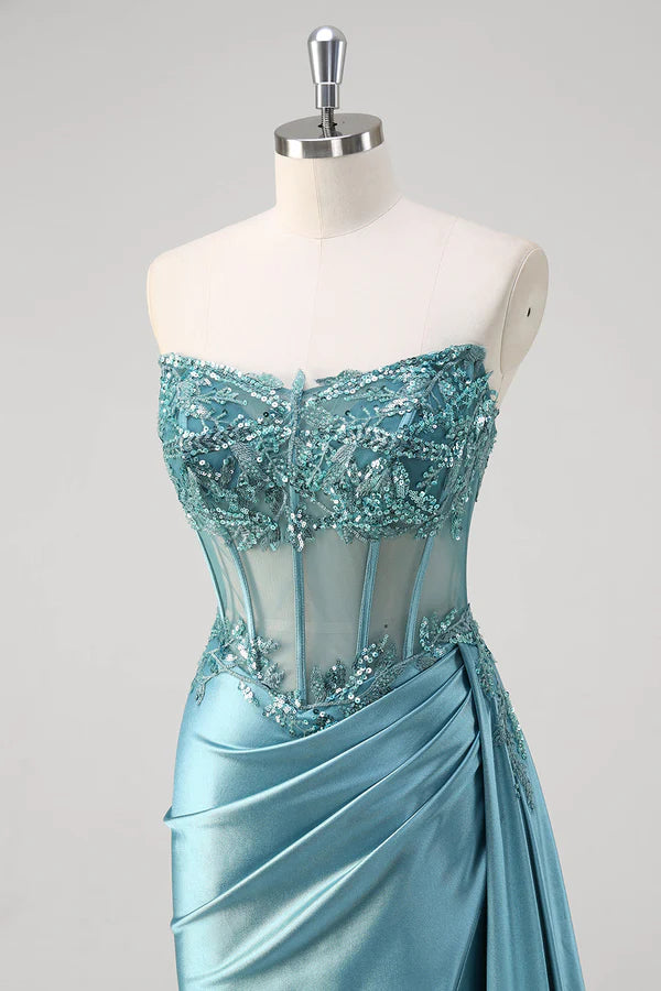 Grey Blue Mermaid Strapless Corset Sequined Satin Prom Dress simple gentle atmospheric and unique desi