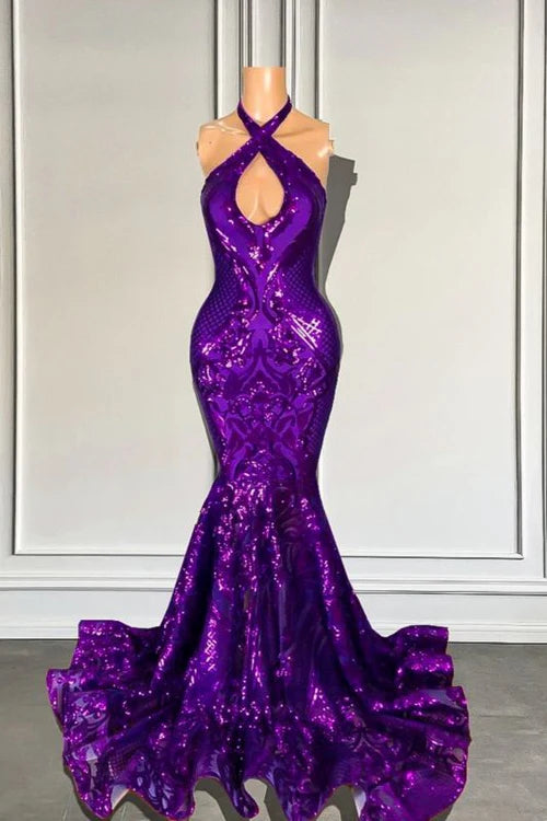 Halter Cross Shiny Sequined Purple Mermaid Prom Dress Simple gentle atmospheric and unique design