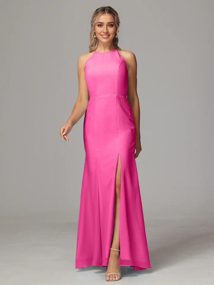 Halter Open Back Chiffon Bridesmaid Dress With Slit simple gentle atmospheric and unique desi Bring summer colors to enhance whiteness