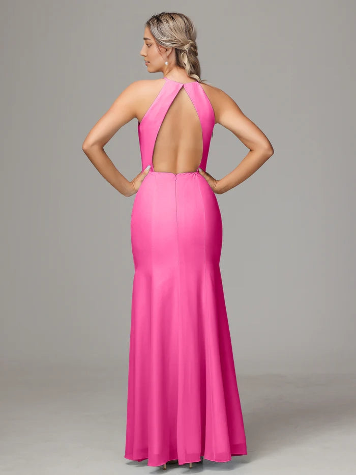 Halter Open Back Chiffon Bridesmaid Dress With Slit simple gentle atmospheric and unique desi Bring summer colors to enhance whiteness