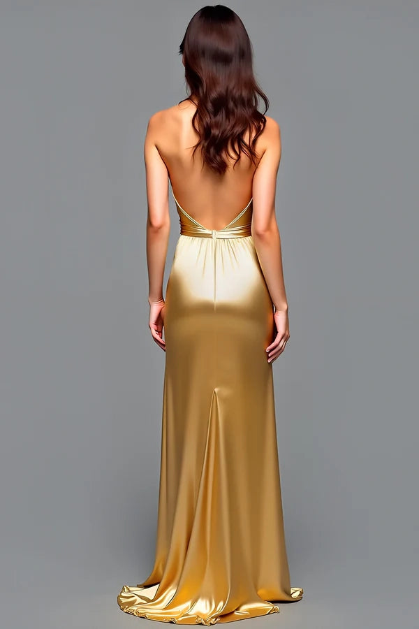 Halter Sheath Golden Backless Prom Dress with High Slit simple gentle atmospheric and unique desi Bring summer colors to enhance whiteness